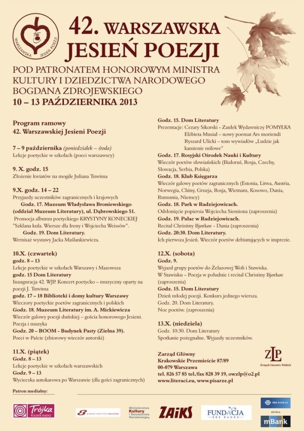 42. Warszawska Jesień Poezji - program